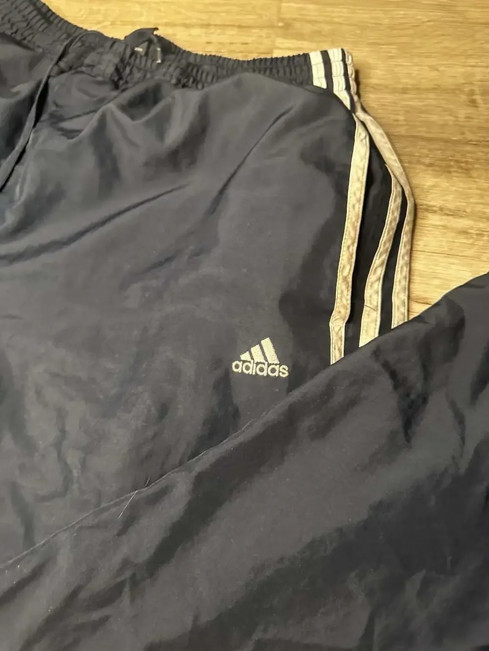 Vintage Adidas Men's Navy Blue Nylon Track Pants with Ankle Zips